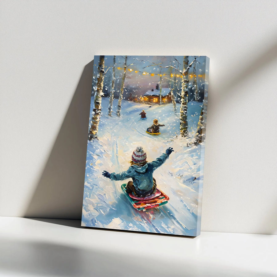 Winter Sledding Canvas Wall Art | Snowy Forest Impressionist Painting | Premium Gallery Wrap Print | Festive Holiday Home Decor