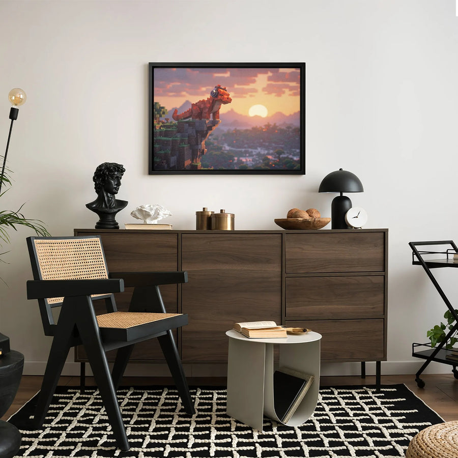 Pixel Dinosaur Art Canvas | Retro Gaming Sunset Illustration | Premium Gallery Wrapped Print | Gamer Room Decor Gift for Kids and Teens
