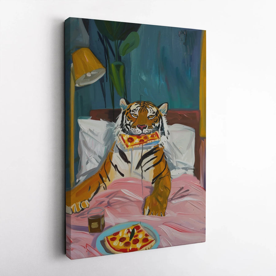 Tiger Eating Pizza Canvas Wall Art | Whimsical Animal Oil Painting Style | 1.25-Inch Premium Gallery Profile | Unique Home Decor Gift for Animal Lovers