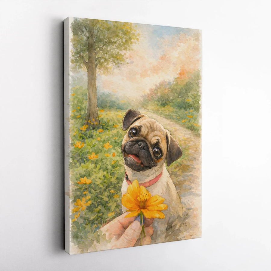 Pug Dog Canvas Wall Art | Watercolor Puppy With Yellow Flower | Premium 1.25-Inch Gallery Wrap | Cute Pet Lover Home Decor Gift