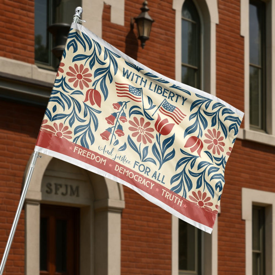 Patriotic House Flag | With Liberty And Justice For All Floral Design | Premium UV-Resistant Polyester | American Garden Decor Gift