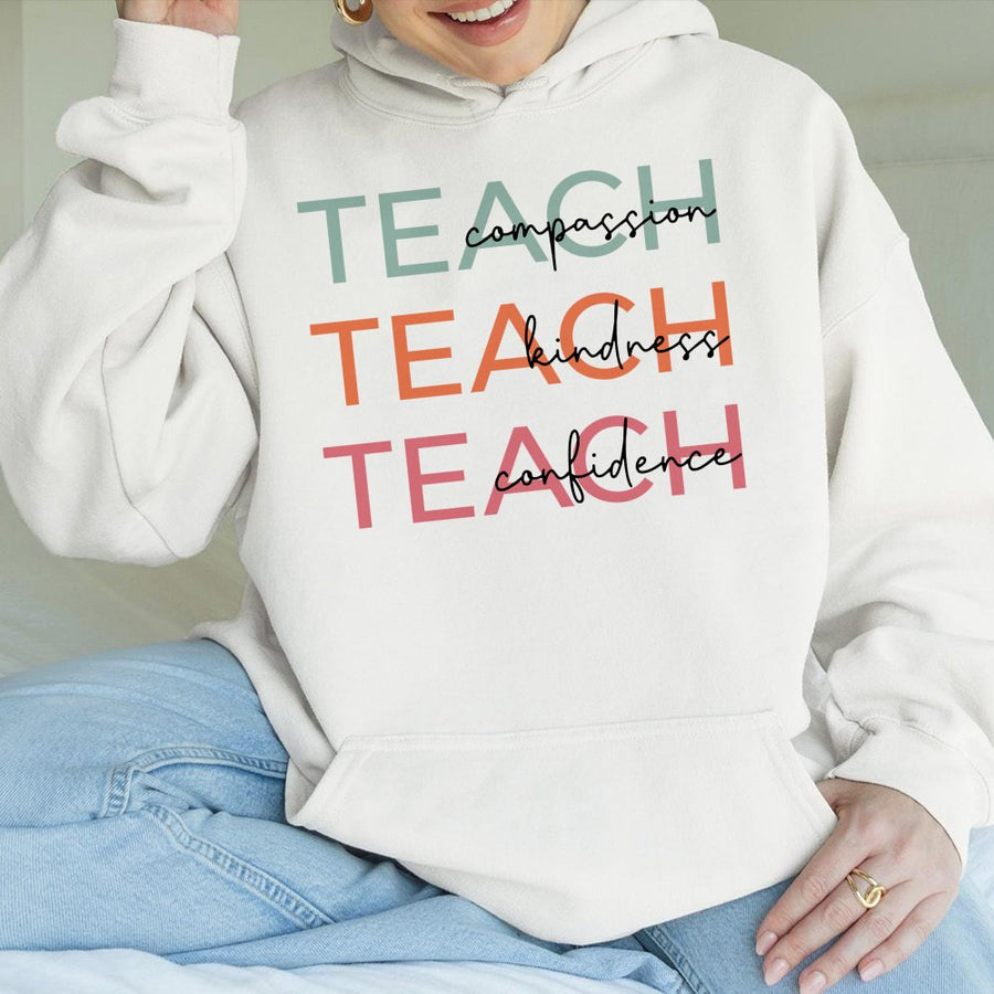 Teach Compassion Kindness Confidence Hoodie | Retro Teacher Appreciation Quote | Premium Cotton Blend | Gift for Educators and Teachers