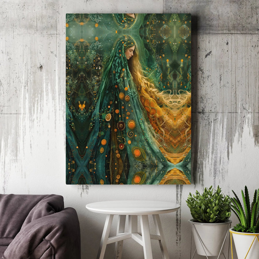 Fantasy Nature Goddess Canvas Art | Ethereal Forest Deity with Golden Hair | Premium Gallery-Wrapped Print | Enchanting Boho Home Decor Wall Art