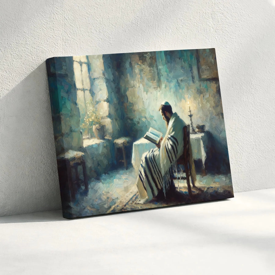 Jewish Prayer Wall Art | Man Reading Torah in Tallit Impressionist Print | Gallery Quality 1.25" Canvas | Judaica Home Decor Religious Gift