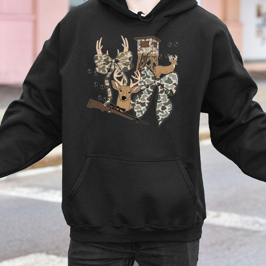 Hunting Season Hoodie | Deer Bow and Camo Ribbon Graphic | Premium Cotton-Poly Blend | Gift for Outdoor Enthusiasts