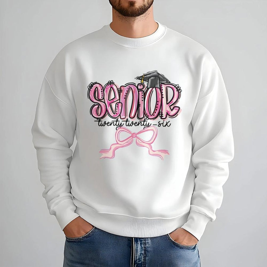 Senior 2026 Sweatshirt | Aesthetic Pink Bow Graduation Cap Graphic | Premium Cotton Blend Crewneck | Trendy Class of 2026 Senior Year Gift
