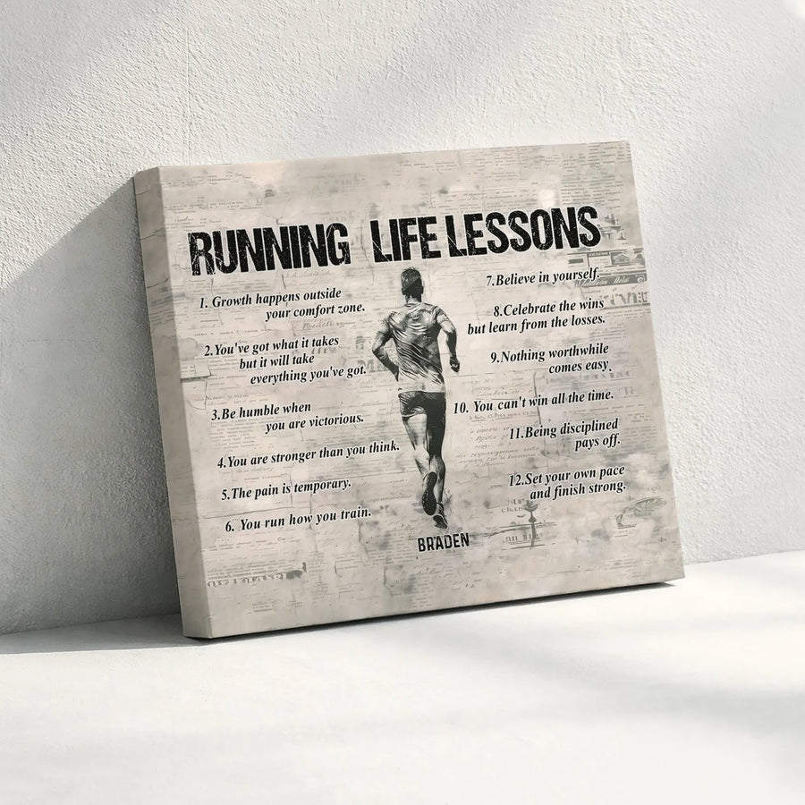 Runner Life Lessons Horizontal Canvas | 12 Motivational Quotes & Athlete Silhouette | Premium 1.25” Gallery Wrap | Inspirational Gift for Marathon Runners and Coaches