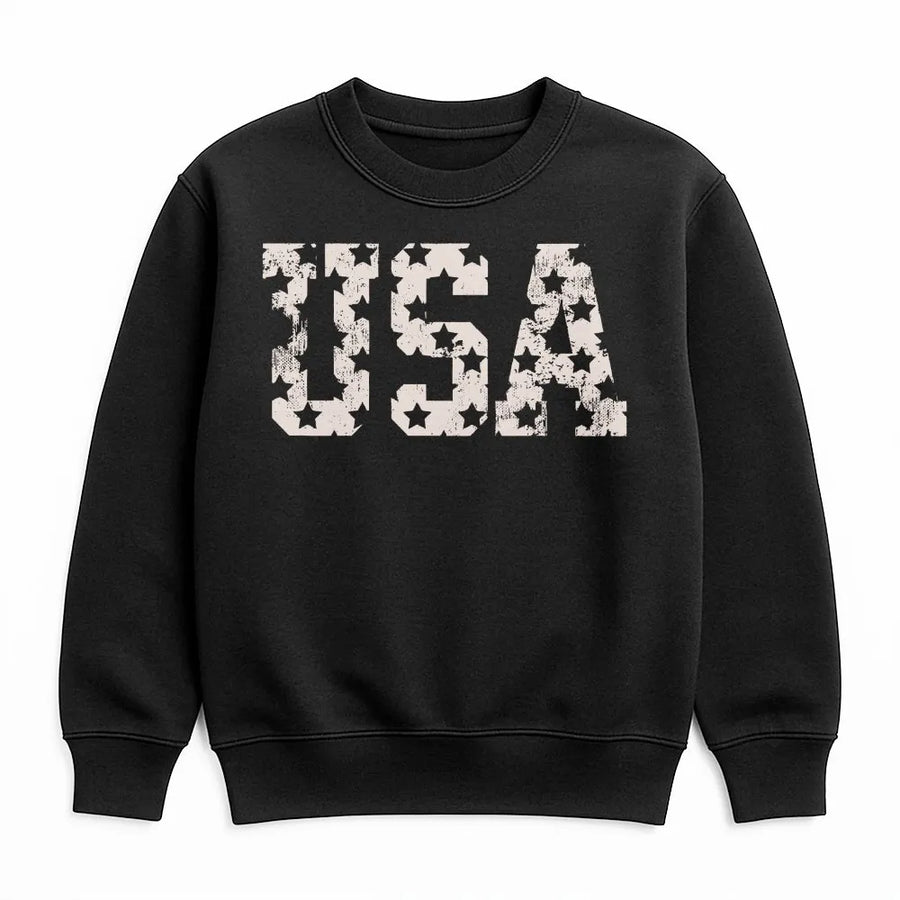 USA Sweatshirt | Star Pattern Distressed Graphic | Cotton Polyester Blend | Patriotic 4th of July Apparel Gift for Men and Women