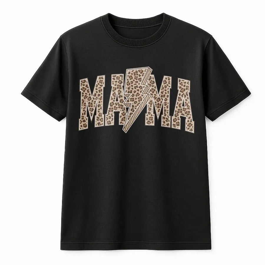 Mama T-Shirt | Leopard Print Varsity Lettering with Lightning Bolt | Soft Cotton Blend | Mother's Day Gift for Mom