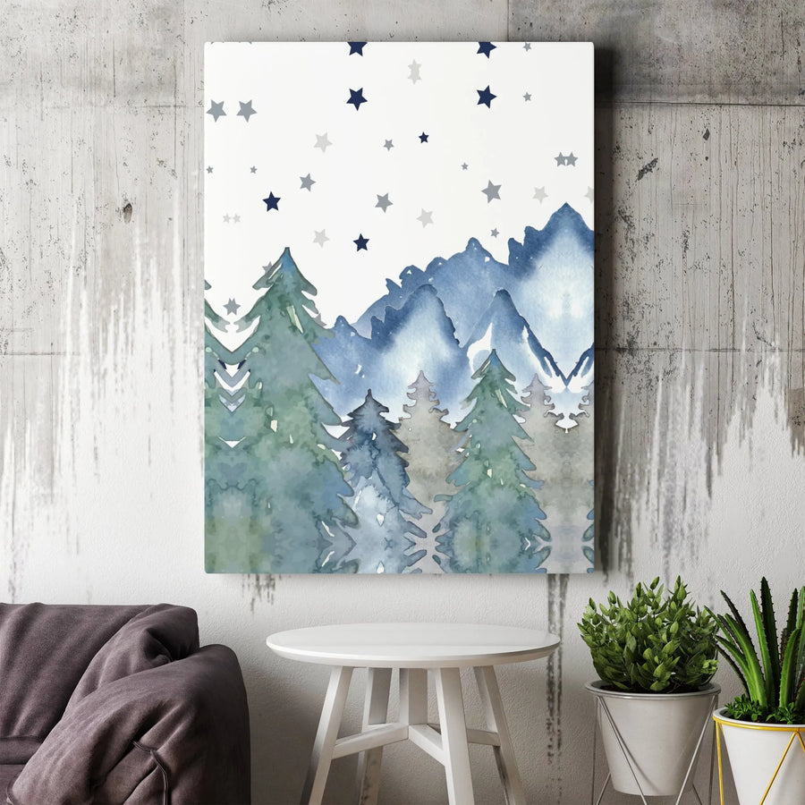 Watercolor Mountain Forest Canvas Wall Art | Snowy Peaks and Pine Tree Landscape | Premium Gallery Wrap Stretched Canvas | Rustic Nursery or Office Decor Gift