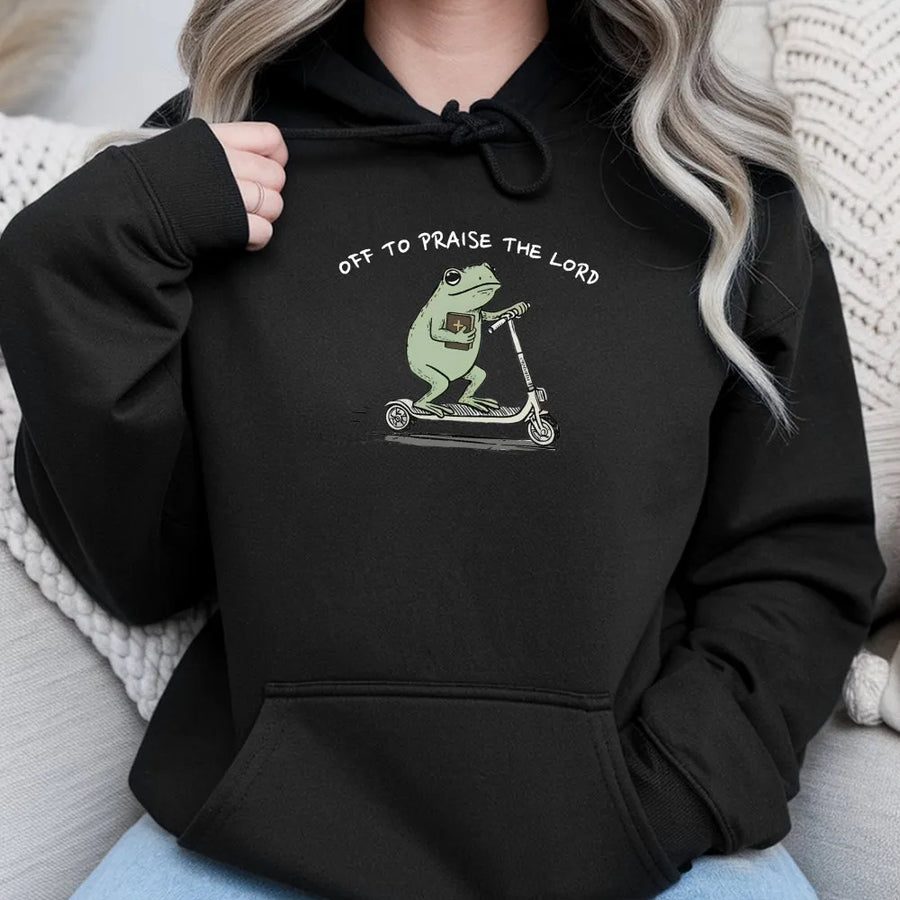 Christian Frog Hoodie | Funny 'Off To Praise The Lord' Graphic | Premium Cotton Blend Crewneck | Cute Faith Based Religious Gift