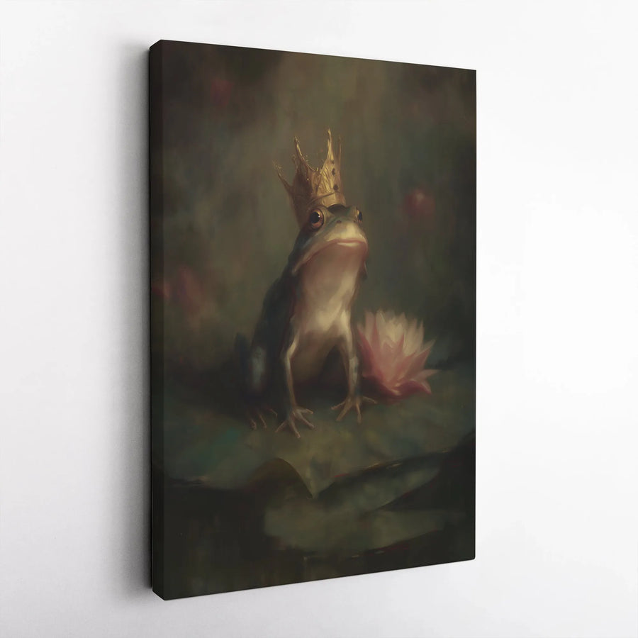 Frog Prince Wall Art | Regal Frog With Gold Crown Oil Painting Style | Premium Gallery-Wrap Canvas | Whimsical Home Decor Gift