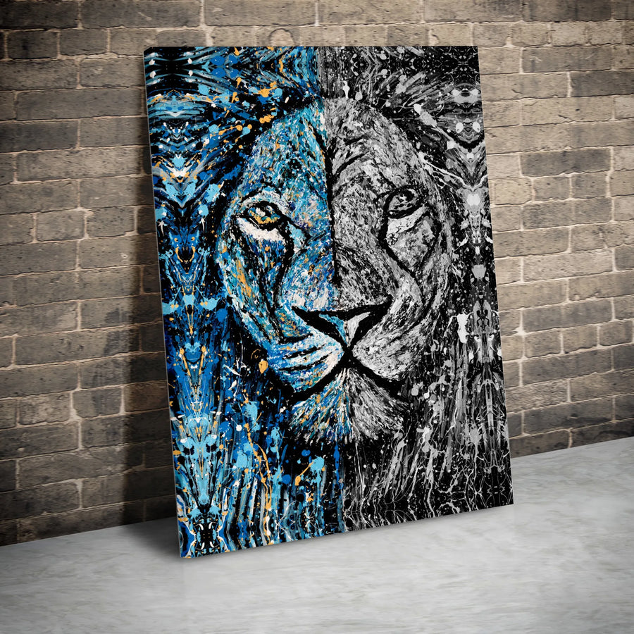 Abstract Lion Canvas Wall Art | Blue and Monochrome Paint Splatter | Premium 1.25-Inch Gallery Wrap | Modern Animal Decor for Home Office
