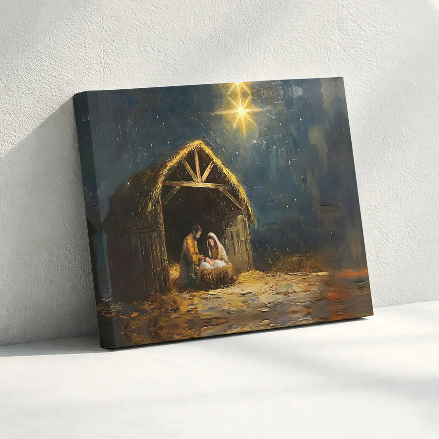 Nativity Scene Canvas Print | Holy Family Oil Painting Style | Premium Gallery Wrapped Wall Art | Christian Christmas Decor Gift