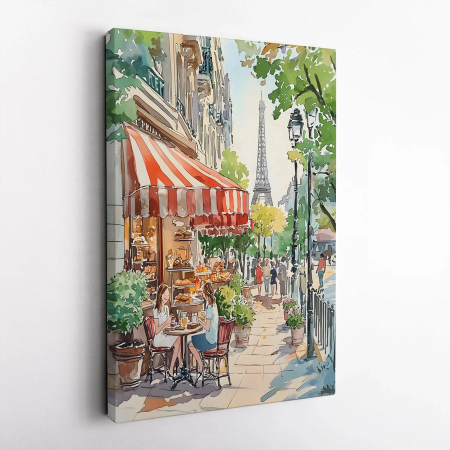Parisian Cafe Wall Art | Watercolor Eiffel Tower Street Scene | Premium Gallery Wrap Canvas | Travel Inspired Home Decor Gift
