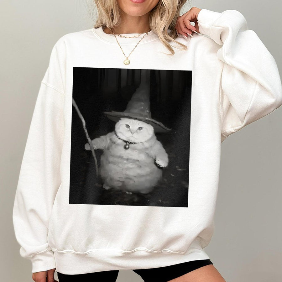 Wizard Cat Sweatshirt | Funny Chubby Magic Kitten Graphic | Premium Cotton Blend | Halloween Gift for Cat Lovers