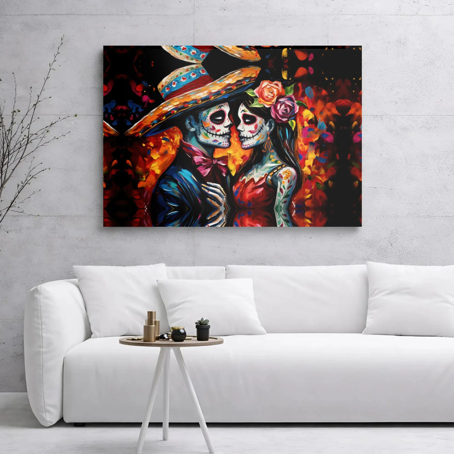 Day of the Dead Canvas Wall Art | Romantic Sugar Skull Couple Painting | Premium Gallery Wrap Decor | Dia de los Muertos Gift for Home