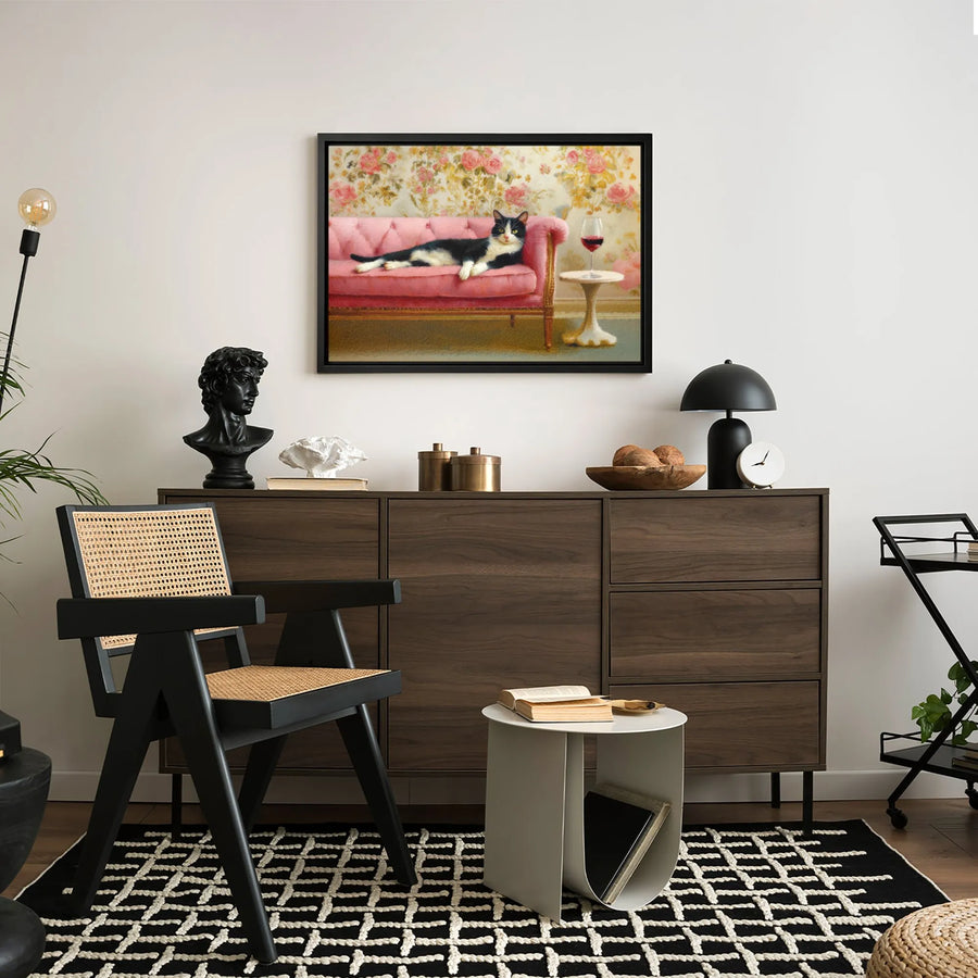 Tuxedo Cat Wall Art | Whimsical Lounging on Pink Sofa Painting | Premium Gallery-Wrap Canvas Print | Unique Cat Lover Gift & Home Decor