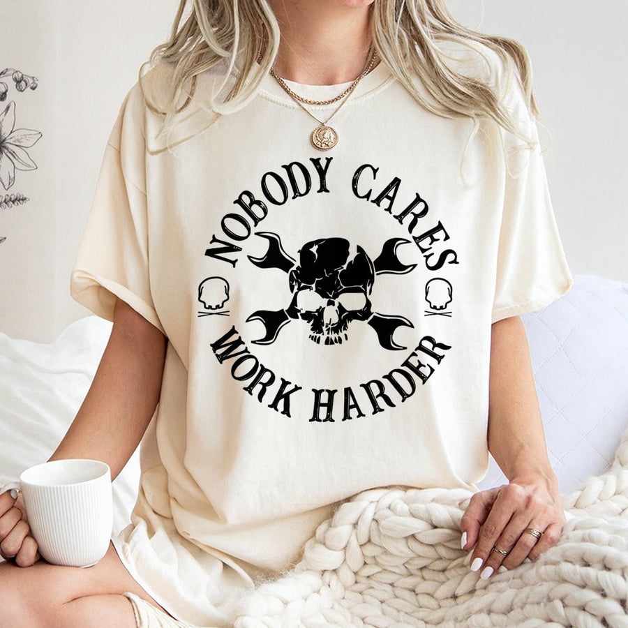 Nobody Cares Work Harder T-Shirt | Skull Wrench Mechanic Graphic | 100% Cotton Premium Tee | Gift for Blue Collar Worker, Welder, Construction Pro