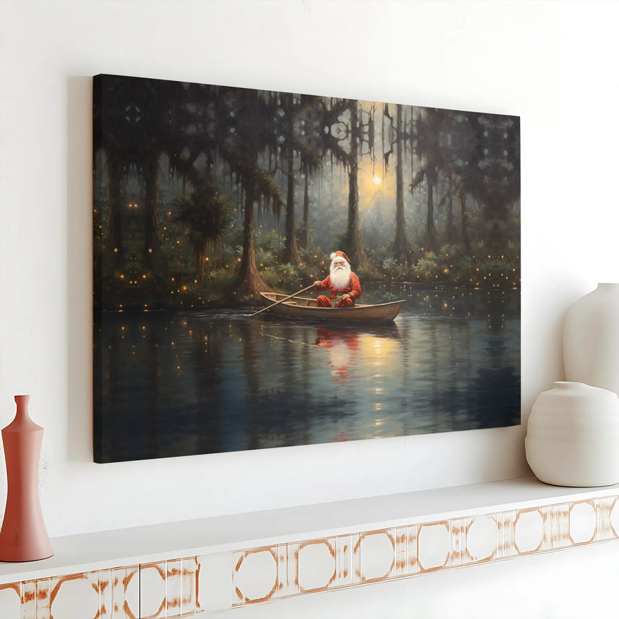 Santa Claus Swamp Boat Canvas Print | Mystical Bayou Christmas Decor | Gallery-Wrapped Premium Art | Unique Holiday Gift for Cabin Lovers