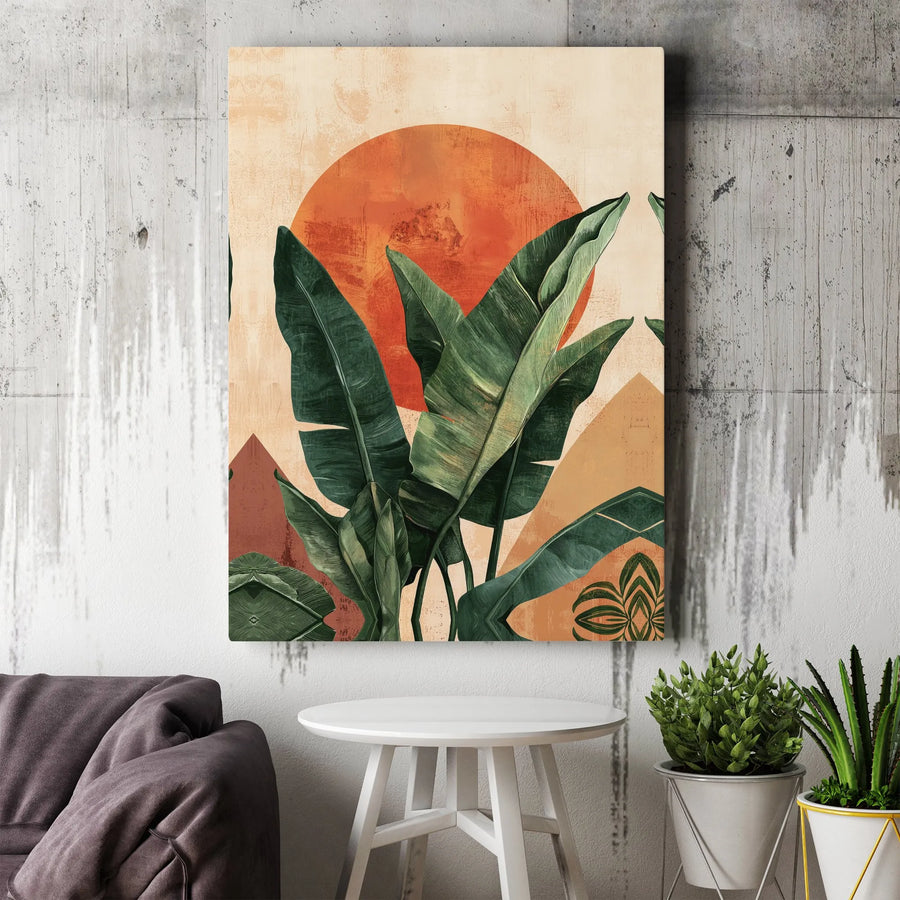 Bohemian Tropical Leaf Wall Art | Abstract Sun Mid-Century Modern Print | Premium Gallery Wrap Canvas | Botanical Home Decor Gift for Living Room