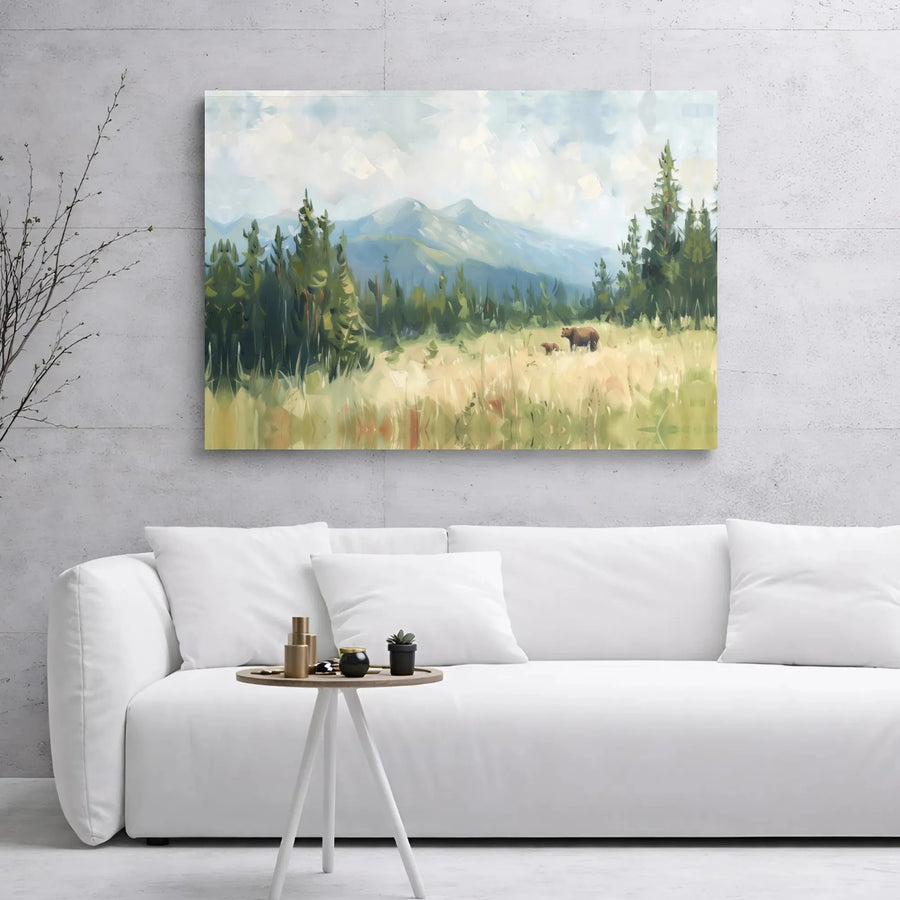 Bear And Cub Mountain Landscape Canvas Art | Impressionist Meadow Wall Decor | Premium 1.25" Gallery Wrap | Nature Lover Home Office Gift