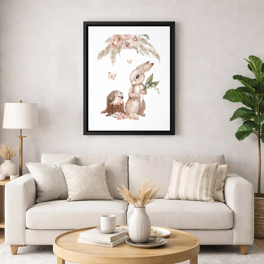Watercolor Rabbit and Hedgehog Canvas | Floral Woodland Nursery Wall Art | 1.25 Inch Premium Gallery Wrap | Cute Animal Gift for Baby Room