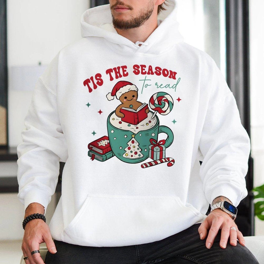 Tis The Season To Read Hoodie | Cute Gingerbread Reading Bookish Graphic | Premium Cotton Blend Sweatshirt | Christmas Gift For Book Lovers