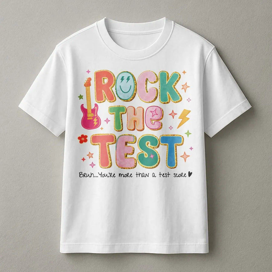Rock The Test T-Shirt | Colorful Retro Graphic Sweatshirt | Premium Cotton-Blend | Motivational Teacher Gift for State Testing Week