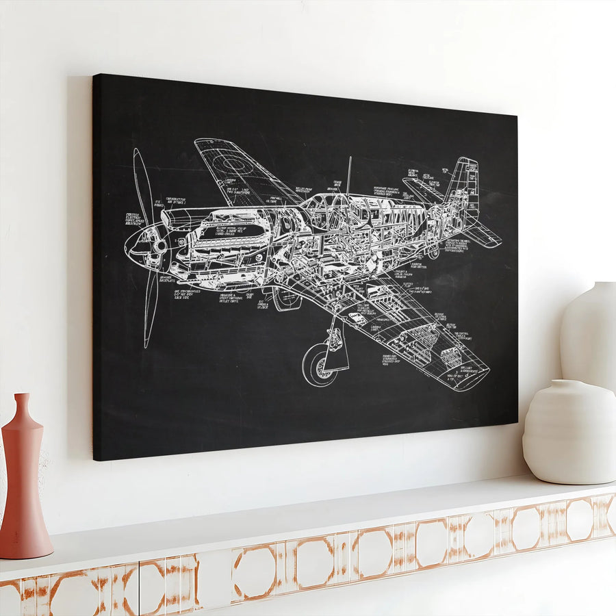 P-51 Mustang Aircraft Blueprint Canvas | Vintage Aviation Cutaway Schematic Art | Premium Gallery Wrapped Wall Decor | Gift for Pilot and History Buffs
