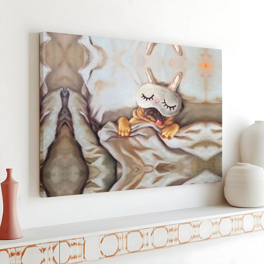 Cute Sleeping Pug Canvas Wall Art | Funny Dog in Bunny Sleep Mask Painting | Premium Gallery Wrapped Canvas | Gift for Dog Lover & Nursery Decor
