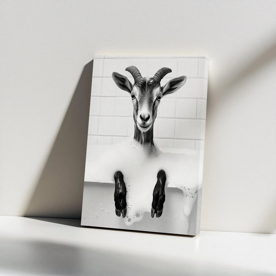 Goat in Bathtub Vertical Canvas | Quirky Black & White Animal Photo | Premium Frameless Wall Art | Funny Bathroom Decor Gift for Farmhouse