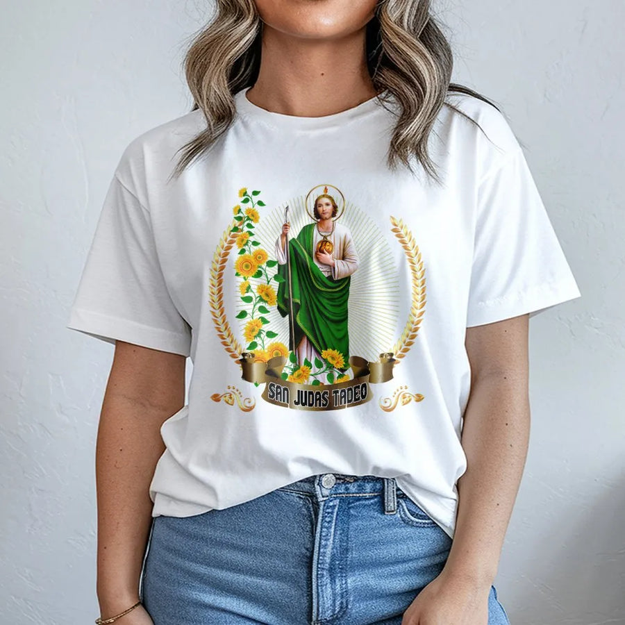 San Judas Tadeo T-Shirt | Catholic Religious Graphic Art | 100% Premium Cotton Tee | Faith and Protection Gift for Devotees