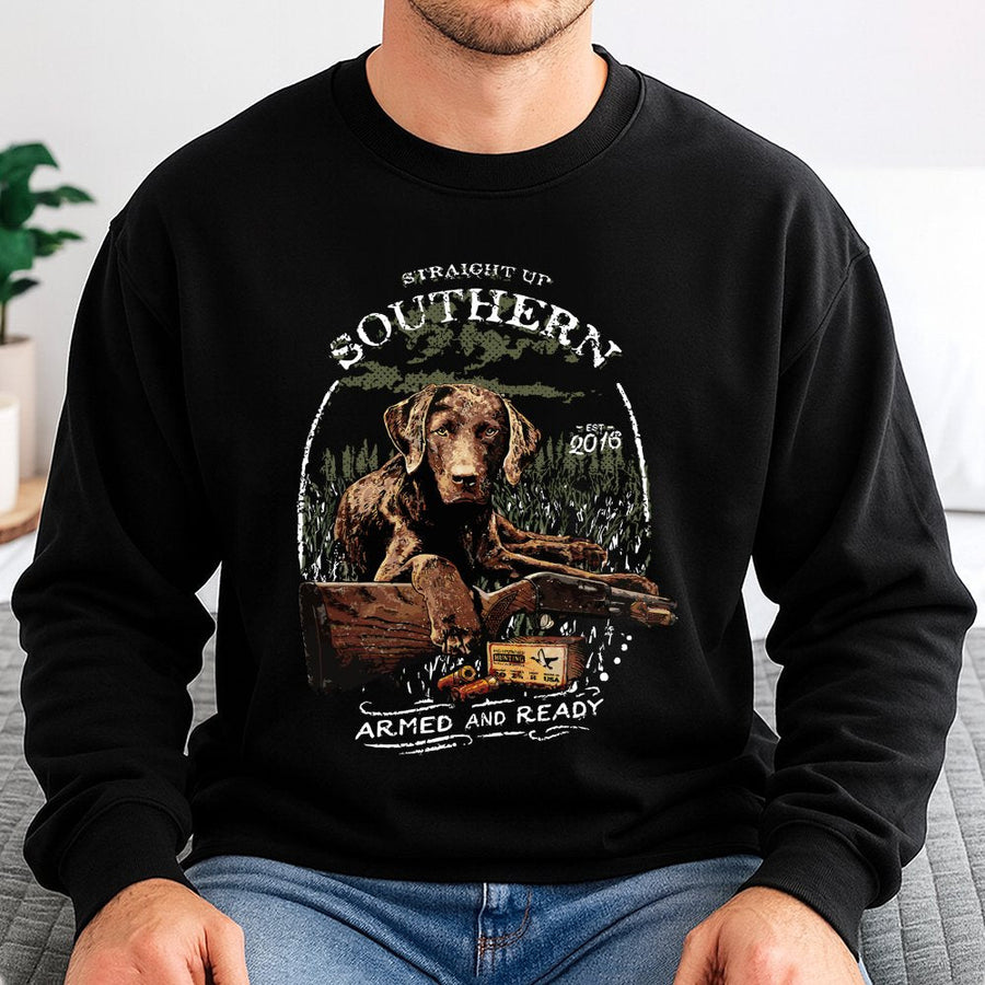 Chocolate Lab Hunting Sweatshirt | Vintage Country Outdoor Graphic | Premium Cotton Blend Crewneck | Gift For Hunter And Dog Lovers