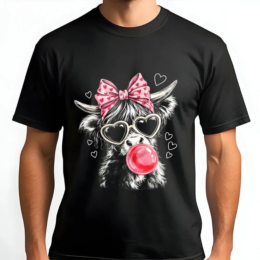 Highland Cow Graphic T-Shirt | Bubblegum Heart Glasses Design | Premium 100% Cotton | Cute Valentine's Day Gift for Animal Lovers
