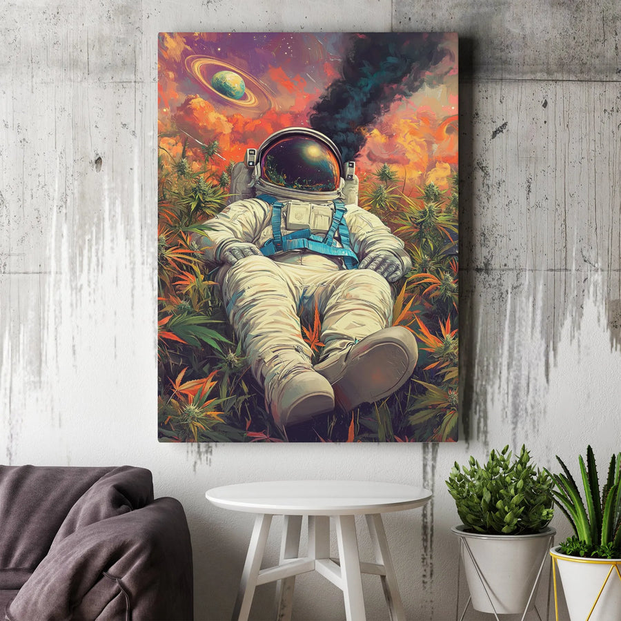 Stoner Astronaut Vertical Canvas | Psychedelic Space Weed Print | Premium Gallery Art | Trippy Room Decor Gift for Him