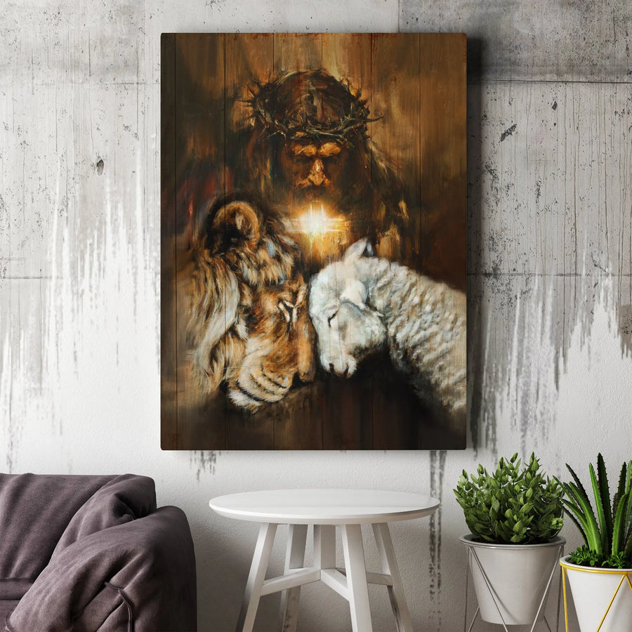 Jesus With Lion And Lamb Canvas Wall Art | Religious Oil Painting Style | Premium Gallery Wrap 1.25" Profile | Christian Home Decor Gift