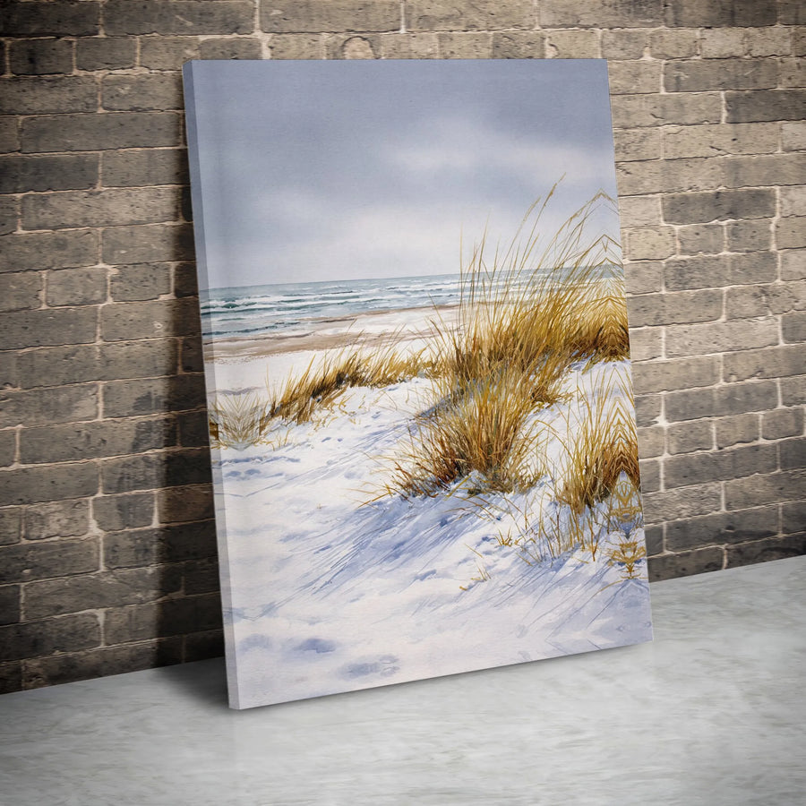Winter Beach Canvas Wall Art | Watercolor Snowy Coastal Landscape | Premium Frameless Print | Modern Nautical Living Room Decor