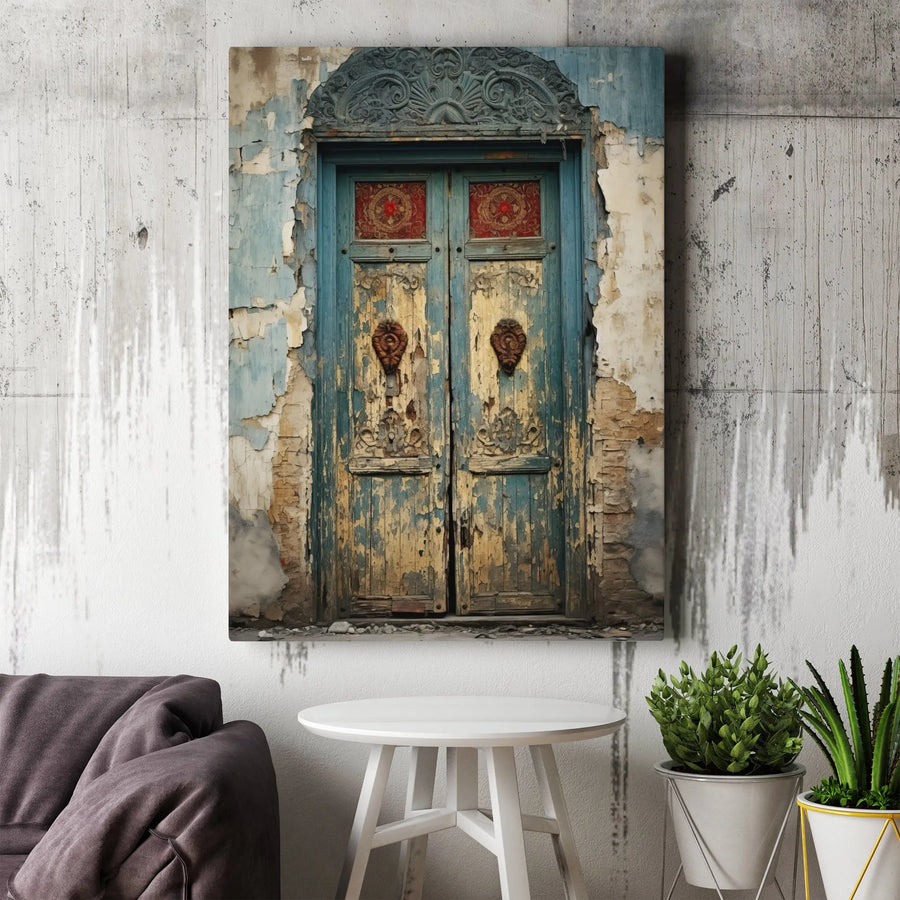Rustic Blue Door Canvas Print | Weathered Architectural Wall Art | Premium Gallery-Wrapped Wood Frame | Farmhouse Home Decor for Living Room