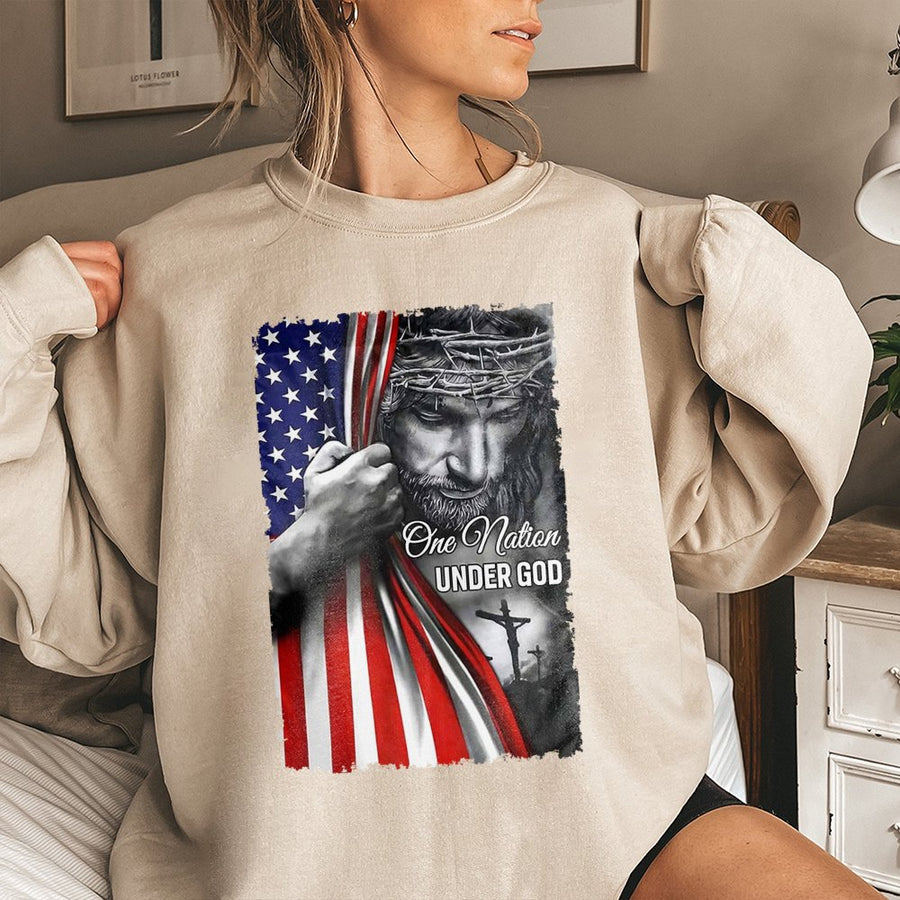 One Nation Under God Sweatshirt | Patriotic American Flag & Jesus Graphic | Premium Cotton Blend | Faith & Country Gift For Men And Women