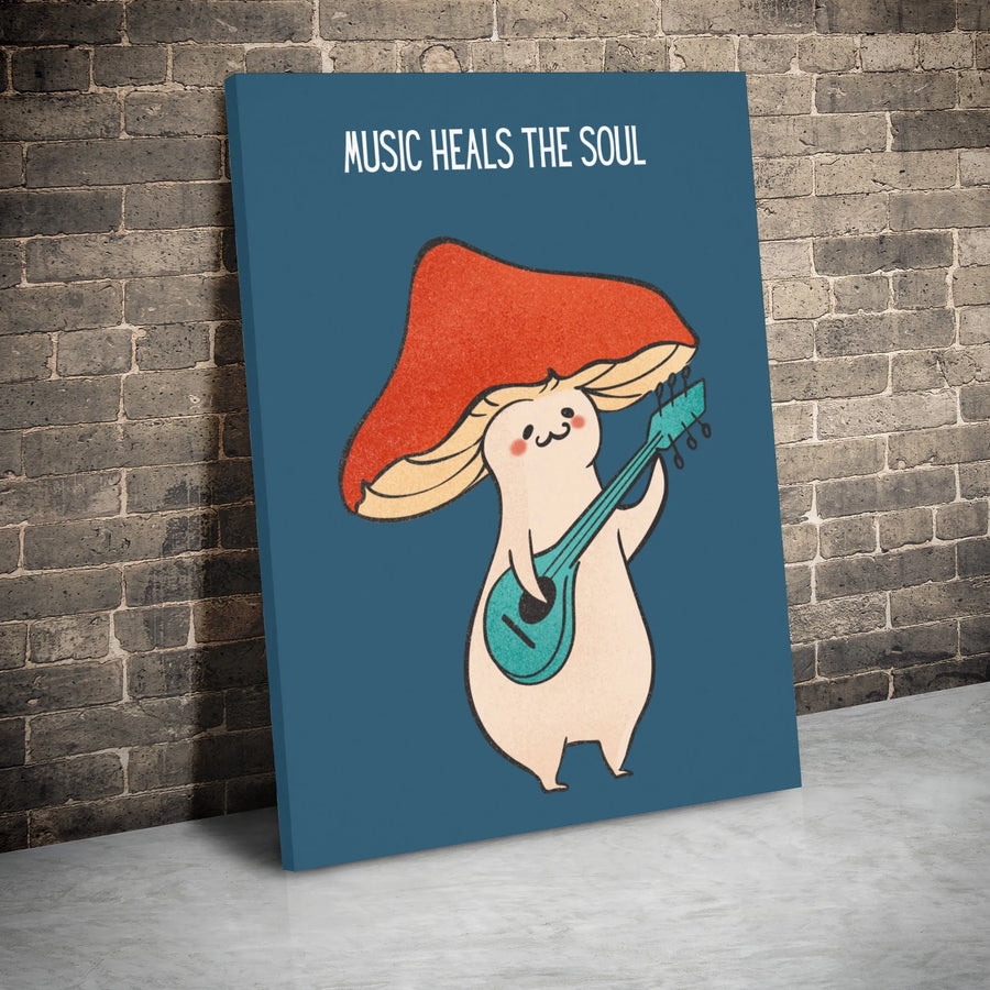 Music Heals The Soul Canvas Wall Art | Cute Mushroom Playing Guitar Illustration | Premium 1.25 Inch Gallery Wrap | Whimsical Music Lover Gift