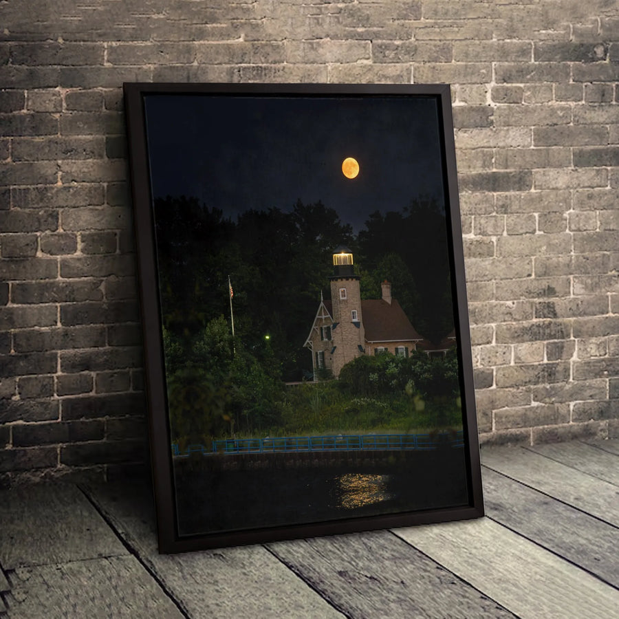 Lighthouse Wall Art | Full Moon Night Ocean Scenery | Premium Gallery Wrapped Canvas | Coastal Home Decor Gift for Nautical Enthusiasts