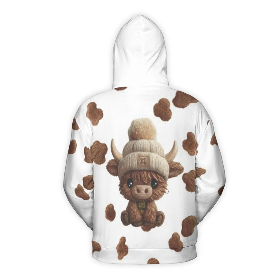 Highland Cow 3D Hoodie | Cute Baby Cow With Beanie Print | Premium Brushed Fleece Pullover | Unisex Farmhouse Style Gift for Animal Lovers