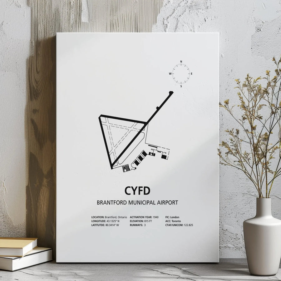 Brantford Municipal Airport Map Canvas | CYFD Runway Diagram Print | Premium Gallery Wrap Wall Art | Aviation Gift for Pilot or Flight Enthusiast
