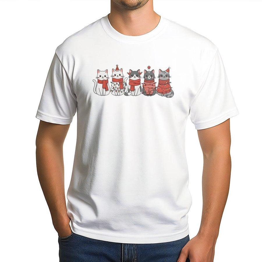 Cute Cat Christmas T-Shirt | Festive Kitties with Scarves and Lights | 100% Soft Cotton Premium Tee | Holiday Gift for Cat Moms and Lovers