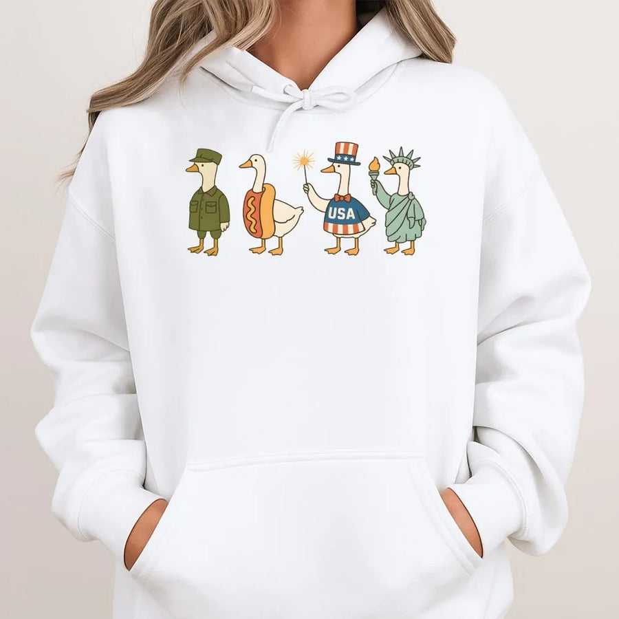 Funny 4th of July Goose Hoodie | Patriotic USA Geese Parade Graphic | Soft Cotton Blend Sweatshirt | Unisex Independence Day Gift