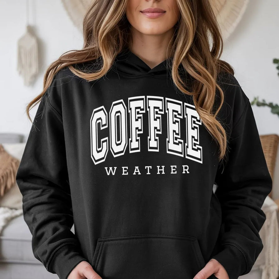 Coffee Weather Hoodie | Collegiate Varsity Graphic Sweatshirt | Premium Cotton Blend | Cozy Fall Gift for Coffee Lovers