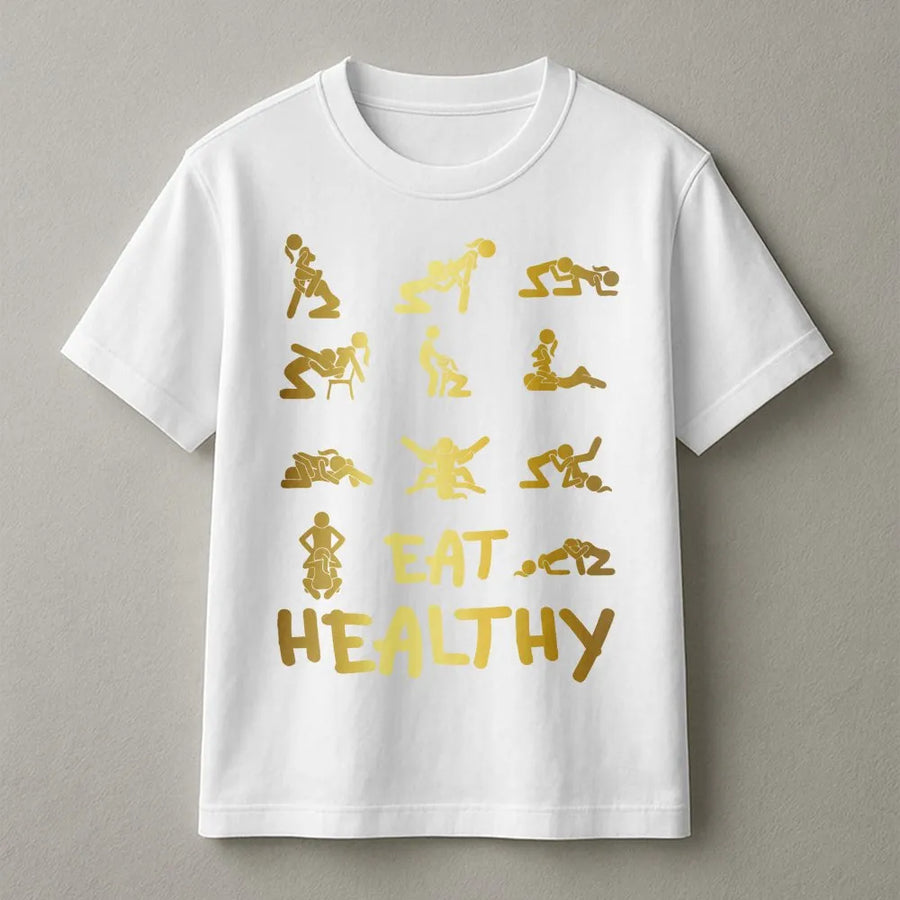 Eat Healthy Sarcastic Graphic T-Shirt | Rude Adult Humor Stick Figure Design | Premium Cotton Novelty Tee | Funny Gag Gift For Him Or Her