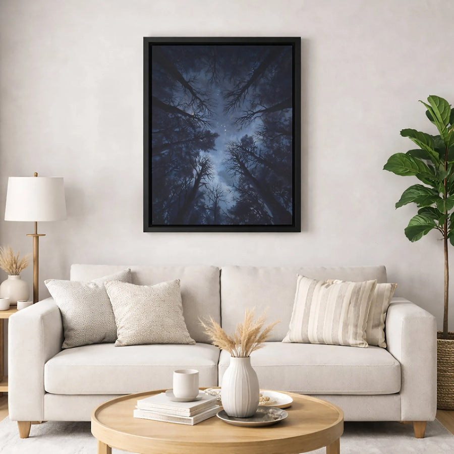 Starry Night Forest Canvas Wall Art | Midnight Sky Through Treetops | Premium Gallery Wrap Print | Modern Nature Home Decor Gift