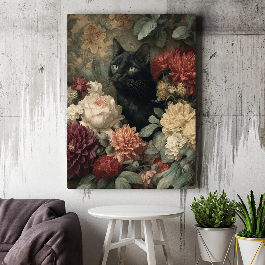 Black Cat Floral Canvas Wall Art | Moody Botanical Oil Painting Style | Premium Gallery Wrap | Gift For Cat Lovers & Home Decor Enthusiasts
